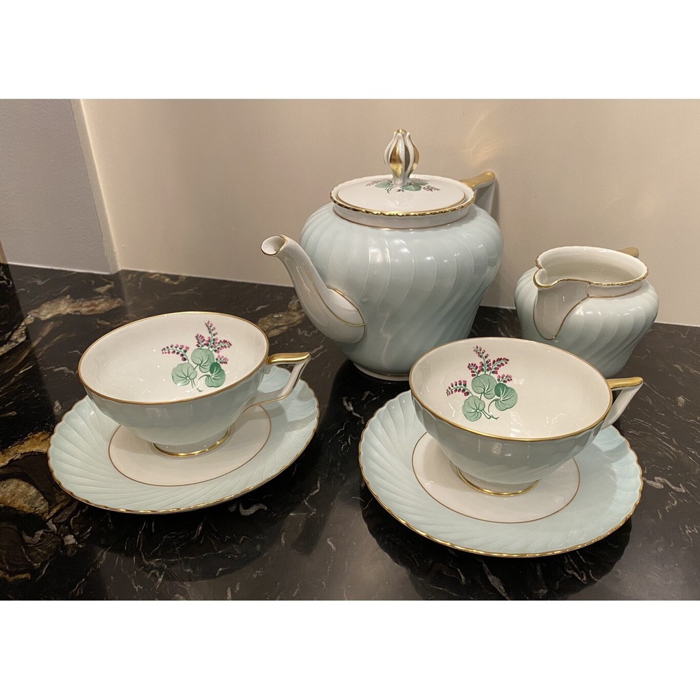 RARE Royal Bayreuth Turquoise Swirl Floral Teapot,Cups,Saucers, CreamerSet For 2